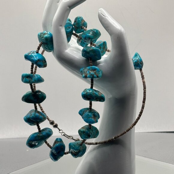 Genuine Turquoise Nugget Necklace 27” Heishi Shells Boho Tribal 4.3 Oz Southwest - Picture 3 of 10